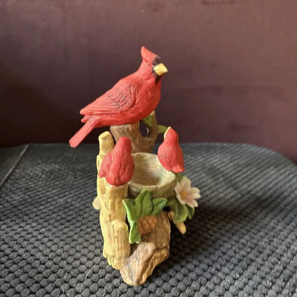 Vintage Cardinals Porcelain Figurine Mother Baby Chicks On a Log and Nest